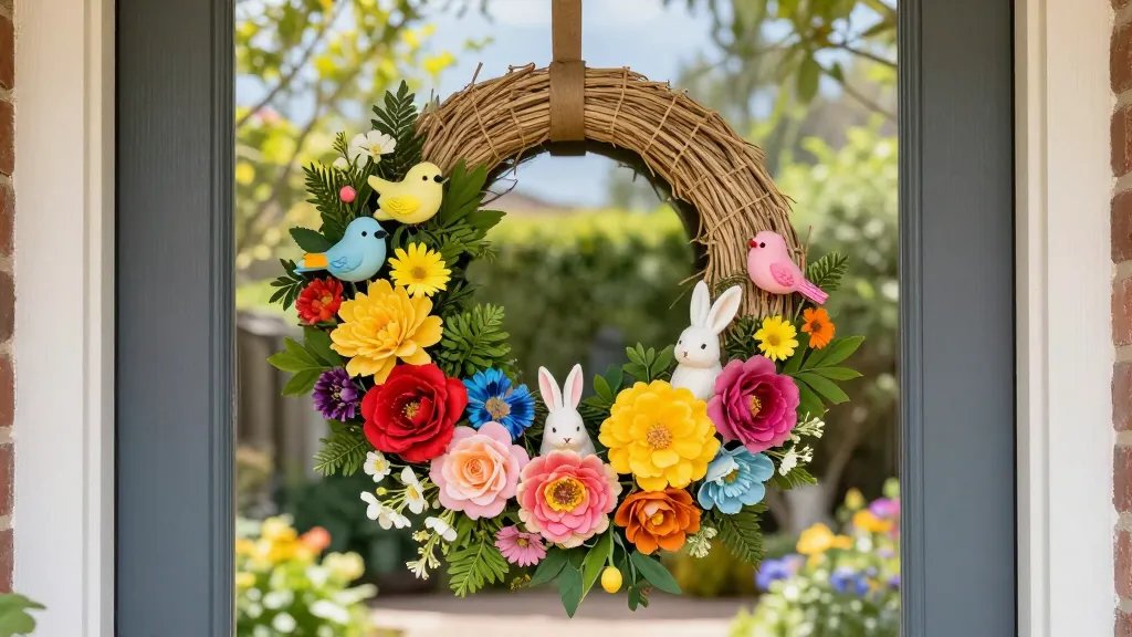 A whimsical Easter front door scene with a Flask-Woah wreath: a simple straw wreath base holding bold, colorful blooms arranged in a loose, lush cluster, greenery interwoven to balance color, plus tiny decorative birds and bunnies peeking through, set against a sunlit doorway and vibrant garden backdrop.