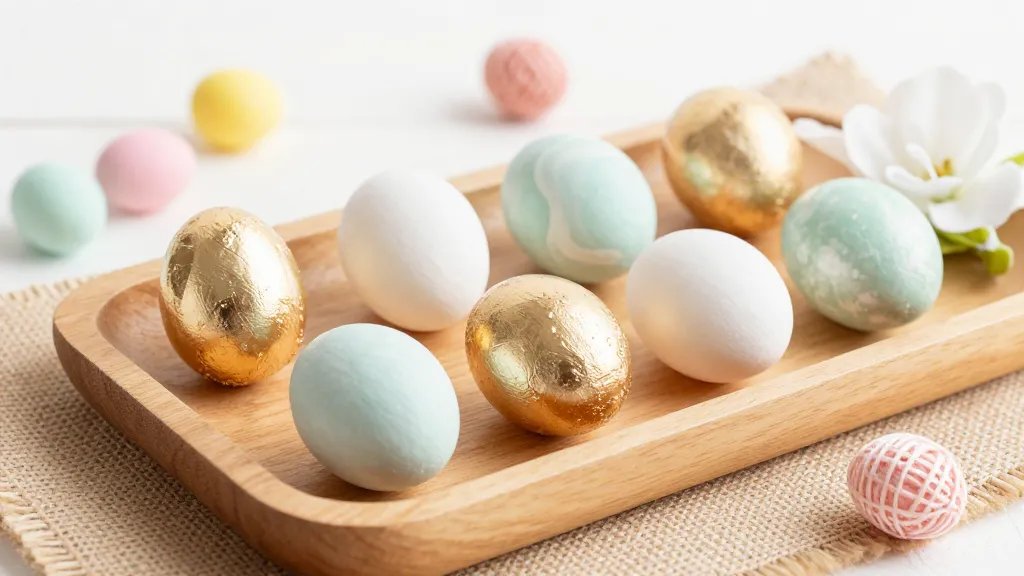 A bright spring vignette featuring a collection of tiny decorative eggs in pastel and metallic finishes, arranged on a natural wooden tray with a soft burlap runner. Include a mix of textures: shiny foil, matte painted shells, and subtle marbled patterns, with one silk flower accent and a few tiny yarn-wrapped eggs to create contrast. Soft natural light, warm shadows, and a clean, airy backdrop.