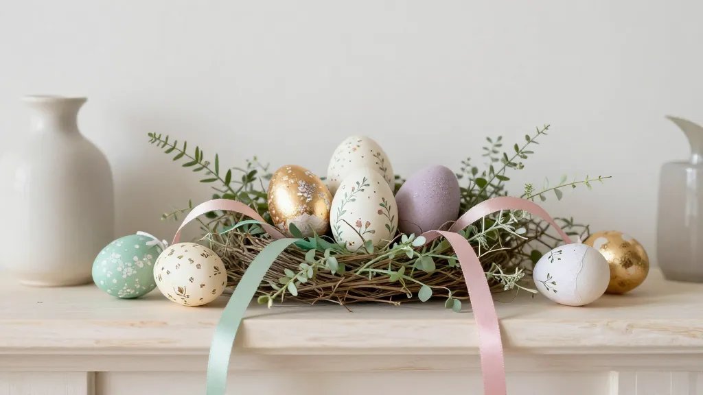 An whimsical mantel display centered around a nest of micro eggs, some with delicate floral patterns and others with glitter accents, resting among airy greenery and pastel ribbons. Include varied textures: glossy foiled shells, matte pastel shells, and fabric- or paper-wrapped eggs, balanced with a minimalistic ceramic vase and a light wood surface for contrast. Gentle, diffused spring light and shallow depth of field.