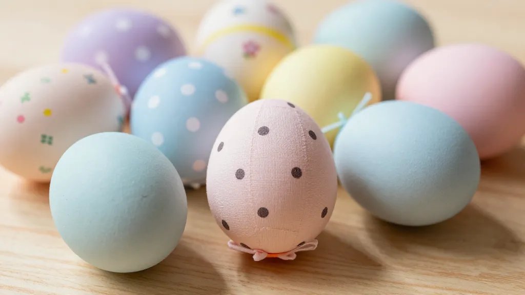 A close-up of a collection of pastel Easter eggs wrapped in small fabric bands with polka dot and tiny floral patterns, showing textures like linen and cotton. The eggs sit on a natural wooden surface with soft studio lighting, light shadows, and a shallow depth of field to emphasize the fabric details and cozy vibe.