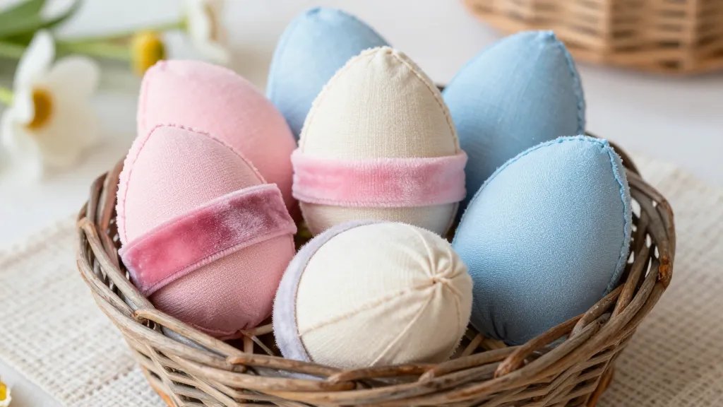 A charming Easter centerpiece featuring several fabric-wrapped eggs in coordinating colors (soft pinks, blues, and creams) arranged in a rustic wicker basket. Include visible fabric textures (velvet band, linen, and cotton) and subtle background elements like a woven table runner and a few spring flowers to convey a playful yet stylish DIY craft display.