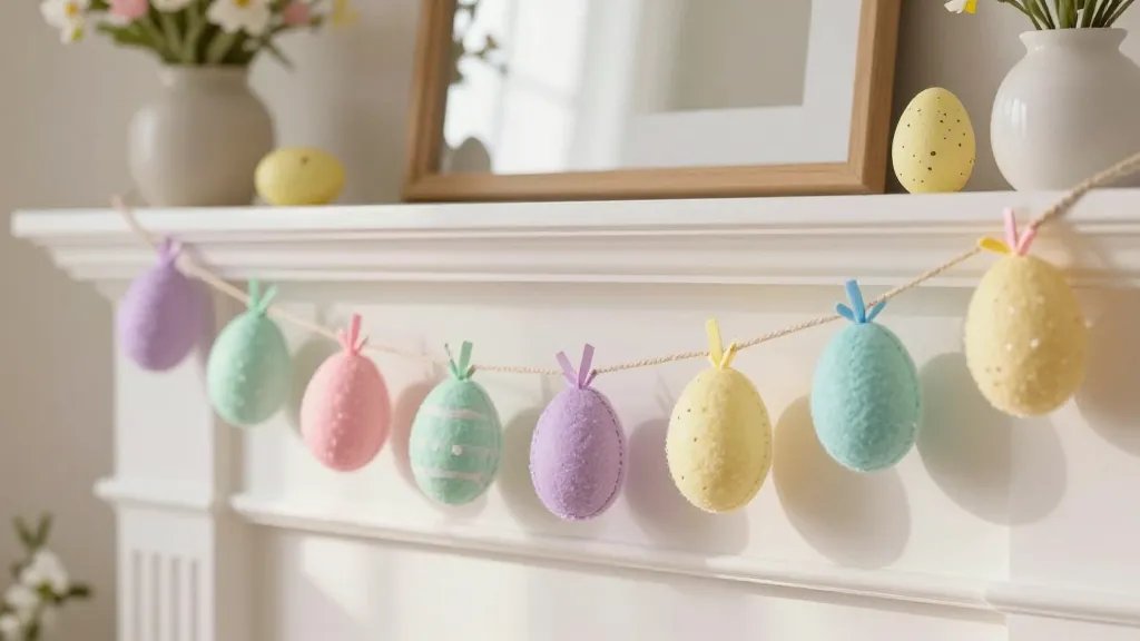 A cozy, sunlit living room mantel decorated with a colorful Easter egg garland. The garland features pastel egg shapes in felt and paper, varying textures, and a mix of pink, mint, lavender, and pale yellow eggs. Soft twine or ribbon links the eggs, with subtle shadows and a few spring bouquet accents in the background to evoke a warm, welcoming Easter ambiance. No text in the image.
