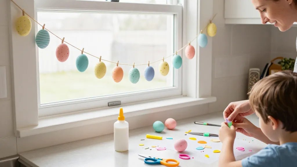 A playful DIY crafting scene at a kitchen island: hands of a parent and child assembling an Easter egg garland with pastel eggs, glue, and scissors scattered on the table. The garland is midway hung along a window frame, showing a 6–8 foot length of string with evenly spaced eggs in different pastel hues. Bright, cozy light, casual clutter, and a sense of collaborative fun, with safety elements like kid-friendly tools visible. No text in the image.