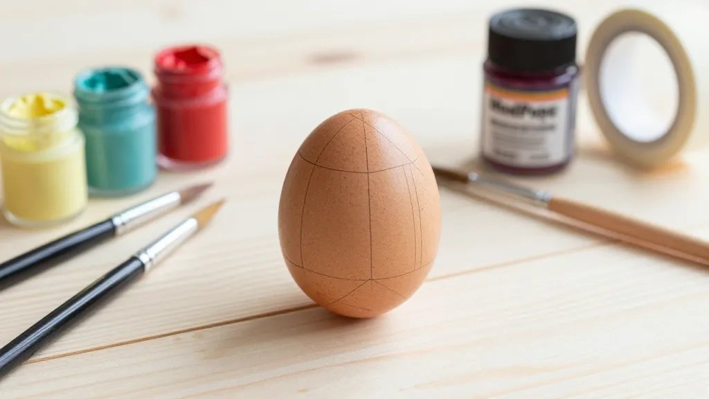 A close-up, well-lit workspace scene showing a wooden egg on a light wooden table, surrounded by craft supplies: acrylic paints in pastel colors, fine-tipped brushes, a painter’s tape roll, a small jar of Mod Podge, and a partially painted wooden egg with clean geometric stencil lines. Include subtle textures of wood grain and a soft, natural background to convey a cozy, beginner-friendly DIY vibe.