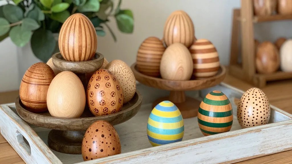 A whimsical Easter egg display: a collection of assorted wooden eggs in varying sizes stacked in a rustic dessert stand and a few on a painted wooden tray, each egg featuring different techniques (understated woodburning patterns, bold colorful stripes, and delicate dot patterns). The scene should have warm lighting, natural tones, and a touch of greenery in the background to evoke a chic, homey craftsroom atmosphere.