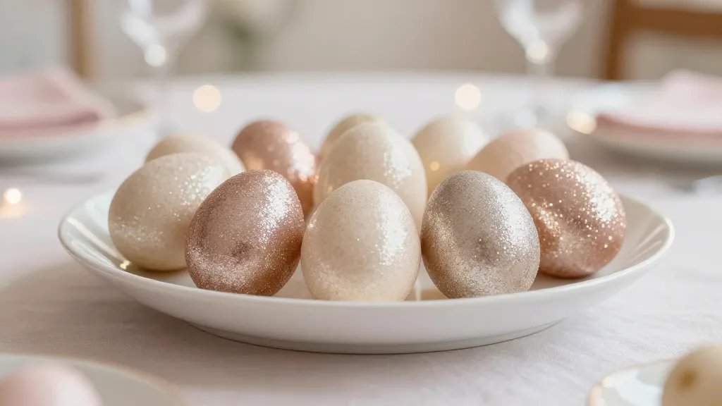 A bright, elegant Easter table centerpiece featuring a row of glittery eggs resting on a smooth white porcelain tray, illuminated by warm ambient light from above, with subtle bokeh effects in the background and soft pastel table linens to enhance a festive, sparkling mood (no text on the image).