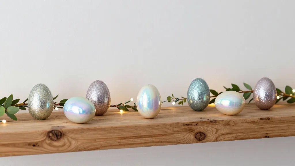 A cozy mantel vignette showcasing a mix of glitter eggs and minimalist decor: holographic and iridescent eggs on a reclaimed wood mantel, with complementary sprigs of greenery and a gentle glow from string lights, capturing a modern, party-ready aesthetic (no text on the image).