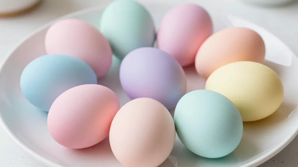 A close-up shot of a dozen pastel Easter eggs arranged on a matte-white ceramic plate, featuring a cohesive palette of pale pink, baby blue, mint, lavender, pale peach, and buttercream yellow. Soft, natural lighting with subtle shadows, showing matte/satin finishes and gentle color blending that create a chic, gallery-worthy, minimalistic kitchen-table display; no text, no logos.