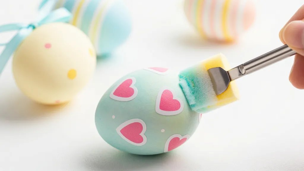 A close-up of pastel-colored Easter eggs with bold sticker shapes (hearts, polka dots, stripes) applied as masking, showing a crisp edge dye station where a cosmetic sponge is dabbed lightly with dye on the exposed areas, while eggs sit on a clean, minimalist surface; no text on the image, bright natural lighting, and a finished egg with a coordinating ribbon in the background.