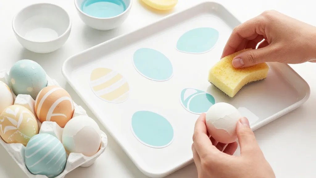 A clean, stepwise studio shot scene illustrating no-mess Easter egg decorating: large sticker shapes adhered to eggs, a hand gently dabbing dye with a sponge, damp eggs being peeled away to reveal sharp patterns, and a tidy tray with surrounding small bowls, all in soft, hygienic colors and without any visible fingerprints or spills.