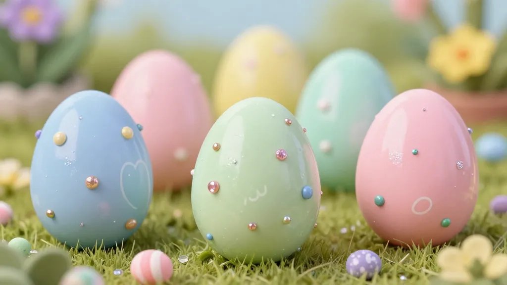 A bright, whimsical close-up of several polymer clay Easter eggs arranged in a garden-inspired display: pastel-colored eggs decorated with tiny beads, glitter, and delicate doodle-like patterns using metallic paint pens, with a soft focus garden background and light gloss glaze catching tiny reflections on each egg, no text.