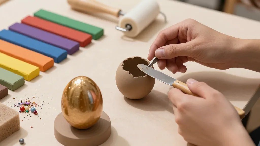 A studio-shot scene showing a crafter’s workspace: hands shaping a hollow clay egg with a clay blade, surrounded by colorful clay bars, a roller, a fine sanding sponge, scattered beads and glitter, and a shiny finished egg resting on a neutral pedestal under warm lighting, no text.