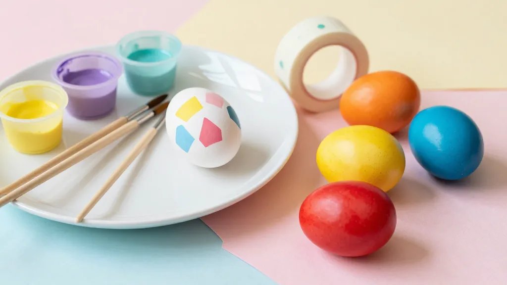 A playful still-life scene showing a beginner-friendly Easter egg painting setup: a white ceramic plate with pastel dye cups, small brushes from tiny to medium sizes, a sheet of painter’s tape with partially peeled geometric shapes on an egg, and a few fully completed glossy eggs in bold primary colors arranged on a pastel-colored cloth, with warm ambient light and subtle shadows.