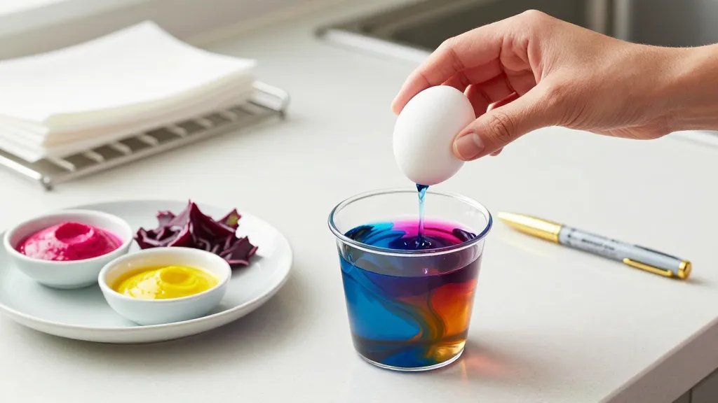 A bright, modern Easter egg decorating scene: a hand-dipping a white egg into a cup of swirling marbled dye with two or three vibrant colors blending, while a separate plate shows natural-dye picks (beet pink, turmeric yellow, red cabbage blue) in small bowls; a delicate gold or silver Sharpie poised nearby, a drying rack with paper towels in the background, soft natural light, clean kitchen counter, no text visible.