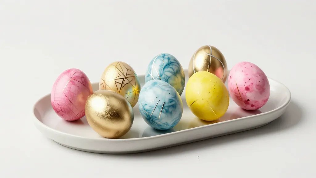 A stylish studio-shot of finished show-stopping Easter eggs arranged on a minimalist tray: metallic accents shimmering (gold and silver lines) on marbled eggs, some eggs featuring subtle geometric patterns drawn with metallic markers, natural-dye color palette visible on the side (pink from beet, yellow from turmeric, blue from cabbage), with a few spray of tiny confetti-like highlights, crisp shadows and a neutral backdrop, no text.