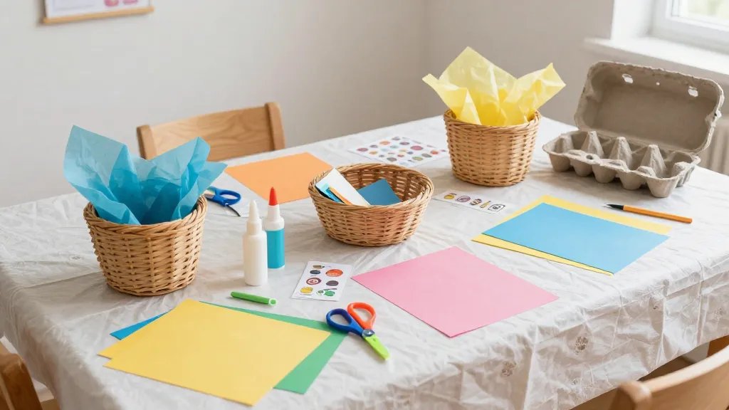 A bright, cozy crafting table setup for kids: small woven baskets and tote bags on a tabletop covered with a washable table cover, surrounded by colorful tissue paper, sheets of construction paper, glue sticks, kid-safe scissors, and sticker sheets; an open egg carton repurposed as a tiny organizer in the corner, with soft natural light and no text on the scene.