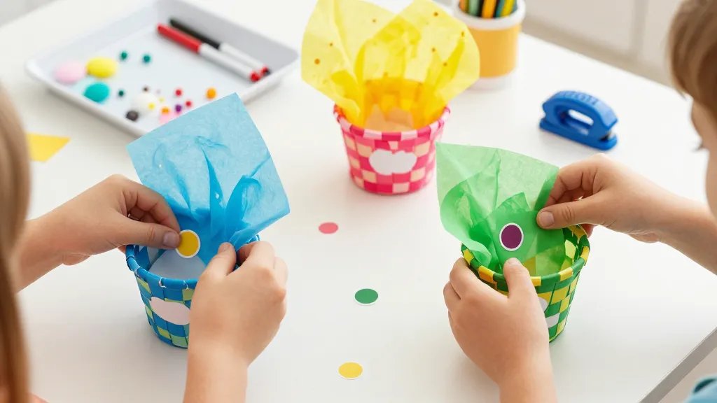 A cheerful Easter craft scene showing kids decorating mini baskets: hands placing colored tissue paper into small baskets, adhesive labels being peeled, and stickers being stuck onto the baskets; background features a simple tray with tiny embellishments, markers, and a puncher nearby, in a mess-free, family-friendly space with bright, playful colors.
