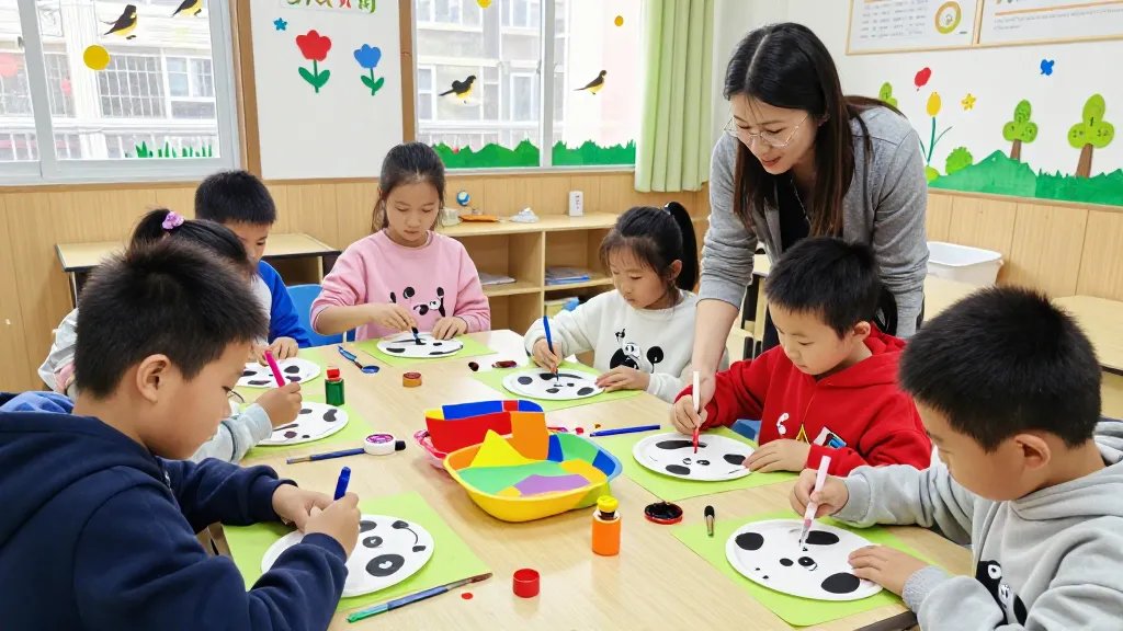 A bright classroom scene during spring, with students gathered around a table covered in colorful craft supplies; they are making paper plate pandas using wipe-paint techniques, adding googly eyes and black-and-white cheeks. The walls show spring-themed decorations, windows reveal birds outside, and a teacher guides students with a smile, capturing a joyful, busy, hands-on learning moment, high-detail and vibrant textures.