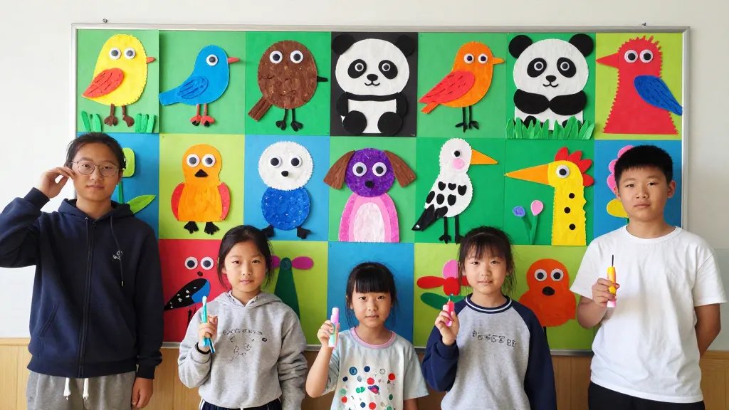 A playful, goofy spring animal craft display: a wall of finished projects featuring various handmade animals (pandas, birds, and other critters) with googly eyes, fuzzy textures, and glitter accents; students stand proudly beside their creations, some with glue sticks and brushes in the foreground, all in a bright, sunlit classroom setting that conveys creativity, collaboration, and spring energy.