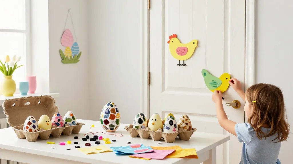 A bright, cozy craft corner set up for Easter, featuring a table cluttered with recycled materials: painted egg carton chick shapes, cardboard egg shapes with magazine-cut mosaic patterns, bottle caps, fabric scraps, and string. A cheerful child is arranging a 3D chick door hanger on a painted wooden door, with soft natural light and pastel Easter decor in the background, no text on the image.