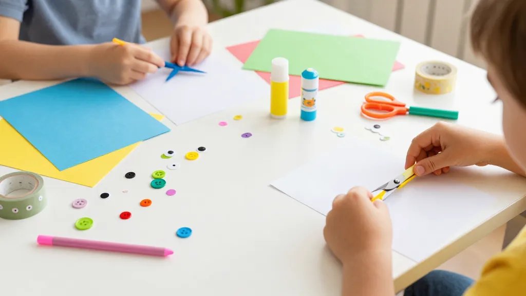 A bright, inviting craft table scene for kids making handmade Easter cards: a flat workspace with plain cardstock, colored paper, kid-safe scissors, glue sticks, markers, stickers, washi tape, and a few optional embellishments like googly eyes and buttons. The table is sprinkled with decorative scraps, and cheerful, soft natural light fills the scene. The image should feel playful and kid-friendly with hands actively cutting or gluing, but no text visible on the cards or room.