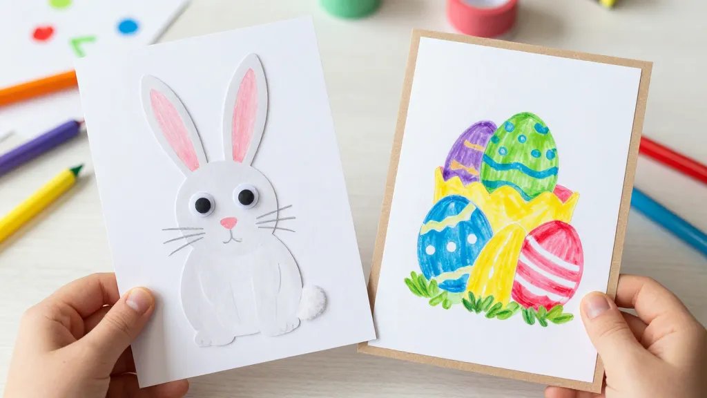 A close-up of two finished Easter cards being proudly shown by a child’s hands: one card features a simple bunny cut-out with googly eyes and a cotton tail, the other has colorful Easter eggs drawn with markers and bordered with washi tape. The background hints at crafting supplies on a table, with focus on texture and color, and no text or letters appearing on the cards.