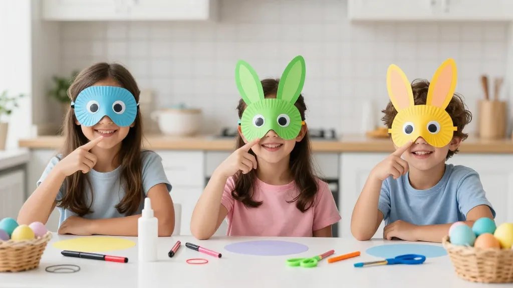 A bright kitchen table scene with three kids wearing DIY Easter masks made from paper plates, googly eyes, and craft foam, smiling and pointing at their finished masks. Include scattered supplies (markers, glue sticks, scissors, elastic), soft natural light, and a pastel-colored backdrop with Easter eggs in a basket nearby.