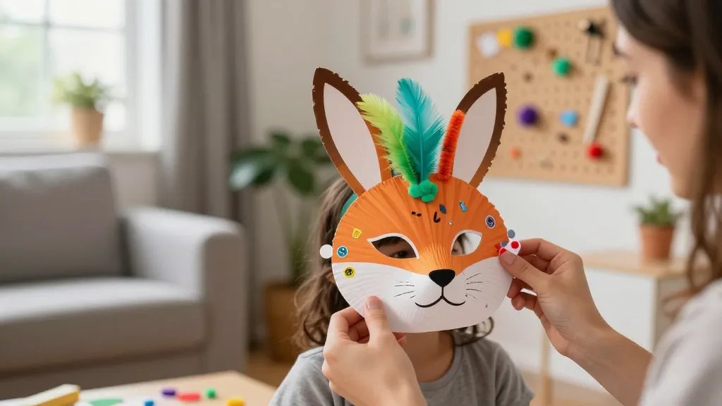 A cozy living room craft corner featuring a parent helping a child assemble a woodland creature mask (bunny or fox) from paper plate, with decorative elements like feathers, pipe cleaners, and stickers. Capture close-up details of the mask construction, hands applying glue, and a pegboard with kept-out materials in the background, warm daylight streaming through a window.