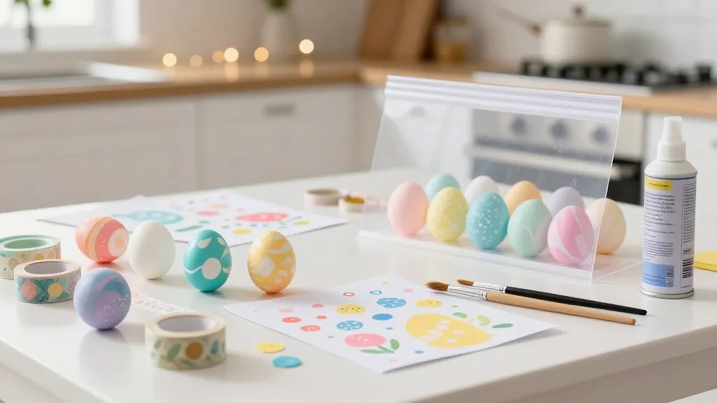 A bright, sunlit kitchen table covered with a playful Easter craft setup: real and plastic eggs in pastel colors, marbled and glittered designs in progress, paintbrushes, washi tapes, stencils, a spray sealant can, and a resealable workspace shield made from scrap paper, with soft bokeh lights in the background conveying a cheerful, creative mood.