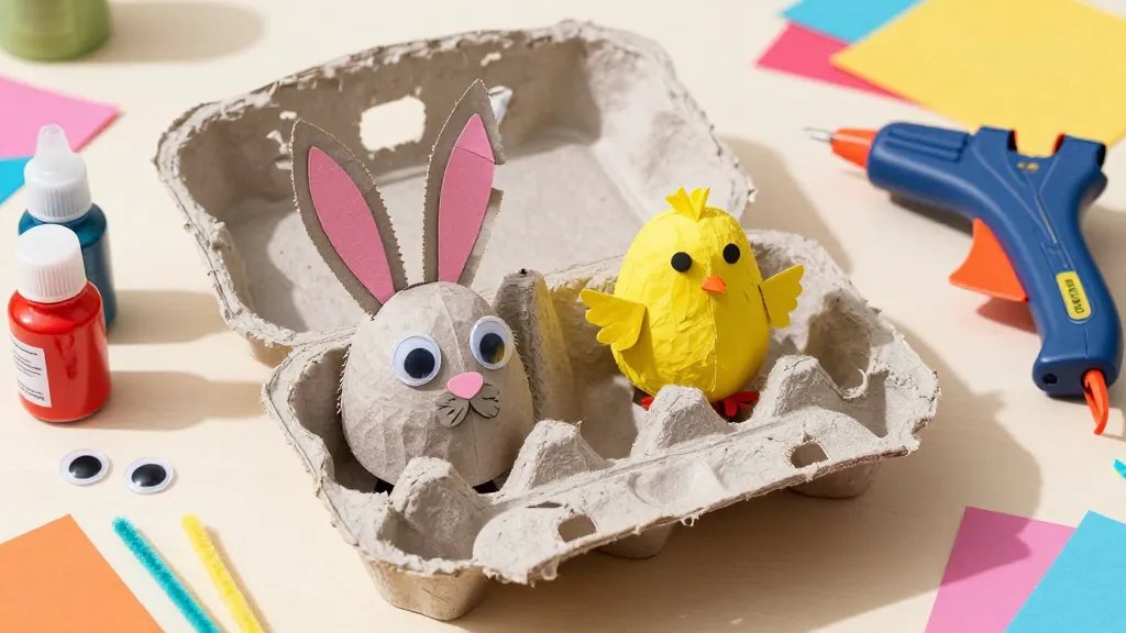 A bright, sunlit craft table covered with an open cardboard egg carton being transformed into a colorful bunny and chick pair: the bunny with pink nose, googly eyes, and ears made from painted carton flaps; the chick with yellow paint, tiny wings cut from scraps, and orange beak, surrounded by bottles of acrylic paints, a glue gun (cool-down with adult supervision sticker), googly eyes, pipe cleaners, and colorful paper scraps. No text on the image.