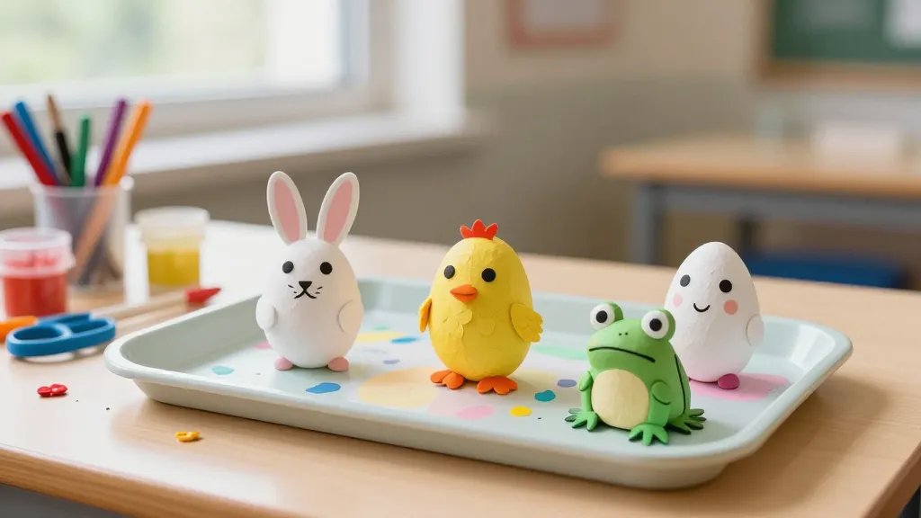 A cozy kids’ craft corner showing several completed egg-carton animals (a bunny, a chick, and a small frog) arranged on a pastel-toned display tray, with paint streaks and supplies in the background (paint cups, markers, scissors, and small decorative bits), soft natural window lighting, and a blurred classroom-like backdrop, no text.