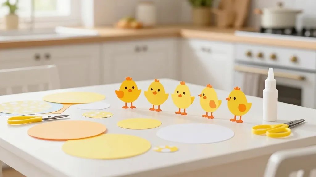 A bright, cozy kitchen scene on a sunny spring morning, featuring a table with colorful paper craft supplies: yellow and white paper circles and ovals, orange triangle beaks, small paper feet, scissors, and glue sticks. A few completed chick crafts sit in a row, with a few patterned scraps. Soft, pastel background with light bokeh, no text on image.
