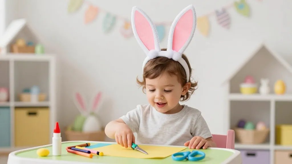 A bright, kid-friendly Easter scene featuring a toddler wearing soft-eared bunny puppet ears made from paper plates, with cotton ball fur accents and a small pom-pom nose. The child is standing at a low table with a colorful, zero-mess setup: a glue stick cap, crayons, and large safety scissors. The background is a cheerful pastel playroom with Easter decorations, soft lighting, and a focus on the toddler’s joyful expression. No text in the image.