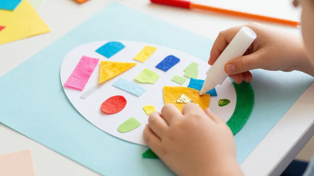 A close-up of a textured Easter collage activity on a craft table: hands of a toddler affixing varied textures (painted paper scraps, felt, fabric swatches, and crinkly foil) onto a large paper egg shape. Include visible glue stick use for a clean, minimal-mess look, and ensure vibrant colors dominate. The scene should emphasize mess-free materials and a calm, organized workspace, with soft, inviting colors in the background and no text.