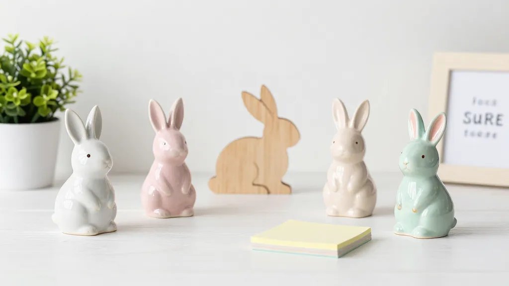 A tidy, sunlit desk setup featuring several small bunny figurines: pastel-glazed ceramic bunnies, a light wood bunny silhouette, and a glossy resin figure with enamel accents, arranged with a tiny potted plant, a stack of pastel sticky notes, and a small framed quote. Soft, cohesive spring color palette (pale pinks, mint greens, soft yellows), minimal clutter, clean and chic aesthetic, high-resolution photography.