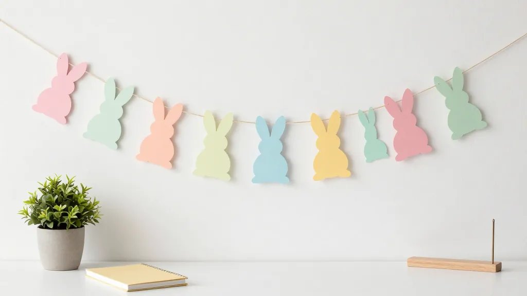 DIY sunshine bunny garland display on a desk backdrop: a handmade garland of small paper bunny shapes in alternating pastel tones strung across the top, paired with a minimalist plant, a notebook, and a slim decorative item, all in a calm, cohesive spring palette and natural lighting for a warm, whimsical office vibe.