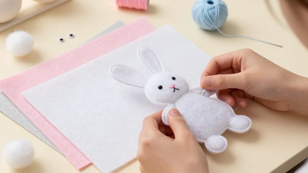 A cozy craft scene featuring a person sewing a small plush Easter bunny from pastel felt pieces on a tidy sewing table. Include a few colorfully layered felt sheets (white, pink, light gray), a needle with thread, a ball of polyfill, and tiny safety eyes nearby. The bunny should be mostly assembled but with visible stitching lines, on a soft, warm-toned background that conveys a quick, satisfying afternoon project.