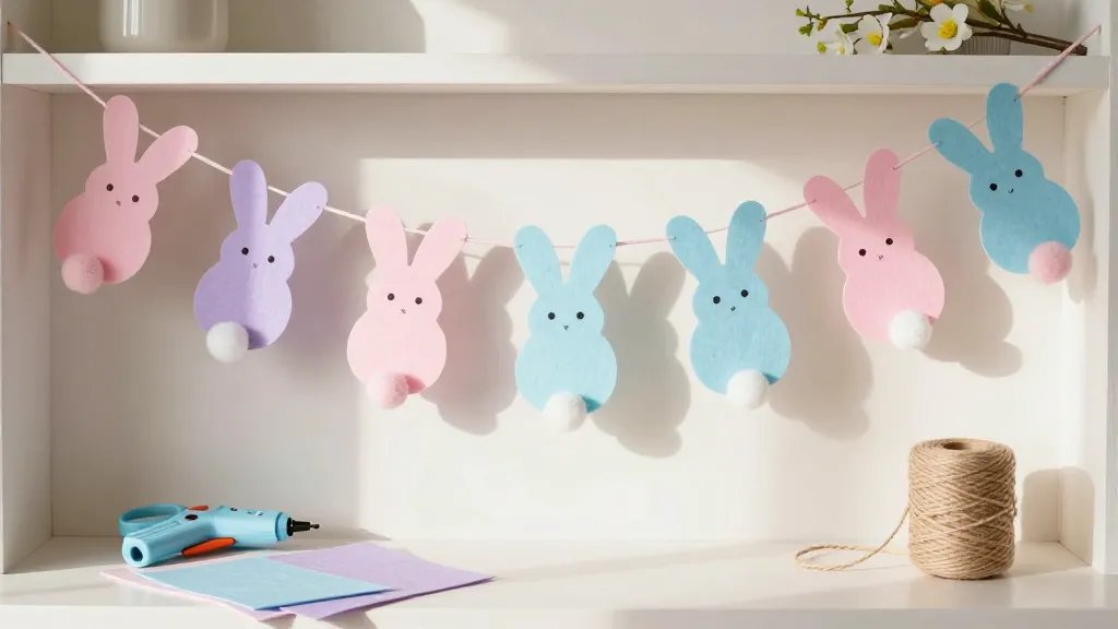 A sunlit craft corner featuring a pastel Easter bunny garland hanging along a mantel. The bunting consists of cute, simple bunny shapes cut from light pink, lavender, and sky blue cardstock, with tiny googly eyes and cotton pom-pom tails. Scattered around are crafting supplies: scissors, a hot glue gun, a roll of baker’s twine, and a few sheets of textured pastel felt. The scene has a cozy, minimalist vibe with soft shadows and a hint of spring flowers in the background.