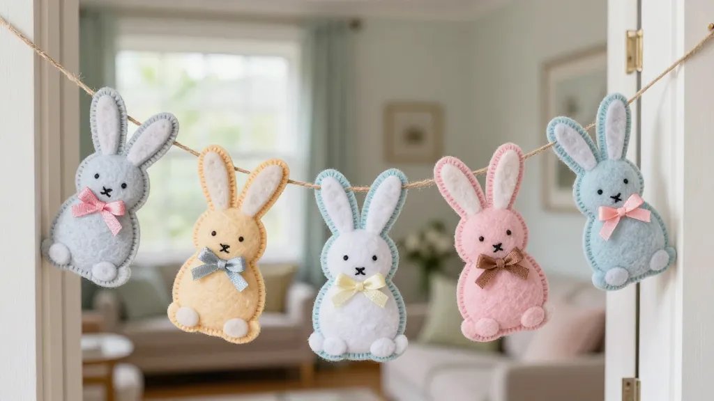 A close-up shot of a DIY bunny garland arranged along a doorway frame. Each bunny shape is made from layered felt in pastel colors, with embroidered or drawn facial features and small ribbon bows. The garland is strung on natural twine, lightly twisted to show texture, with a blurred spring-themed living room visible beyond the doorway. The composition highlights the tactile materials (felt, twine, glue) and a peaceful, whimsical mood.