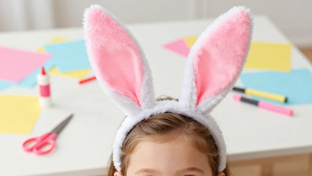 Close-up shot of a child wearing a pair of handmade bunny ear headbands, with bright pink inner ears and white outer ears, sitting at a sunny craft table scattered with construction paper, scissors, glue sticks, and markers; the focus on the ears and the child’s joyful expression, soft pastel colors, natural light.