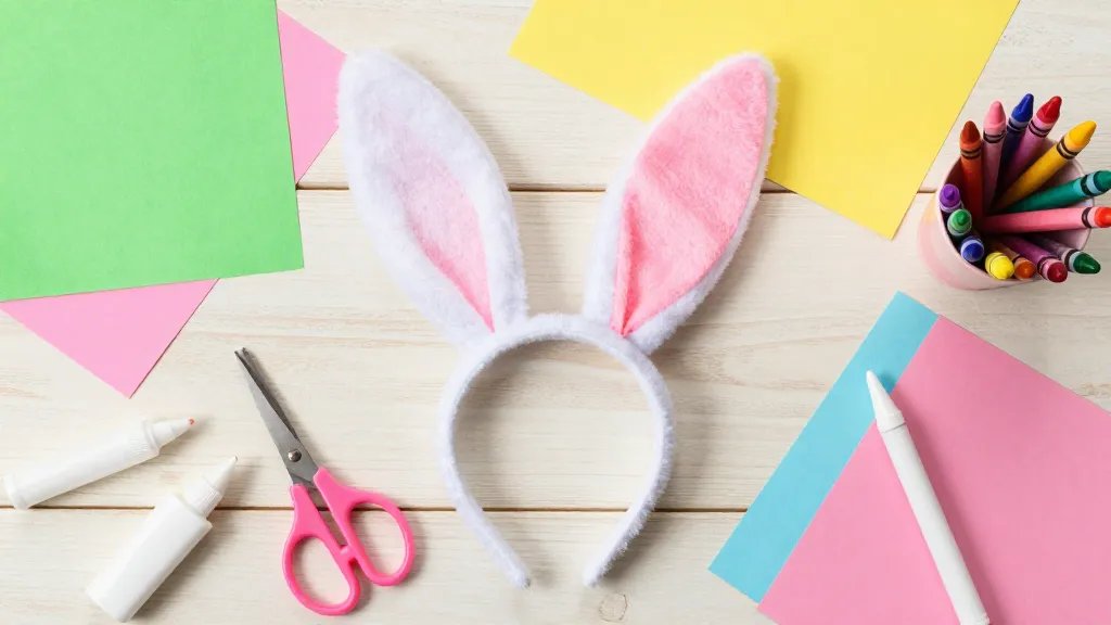 Flat lay composition of a craft setup for bunny ear headbands: a headband base in the center with white and pink felt ears attached, surrounded by color-coordinated construction paper pieces, safety scissors, glue, markers, and a small cup of crayons, all on a light wooden surface with a gentle, playful vibe.