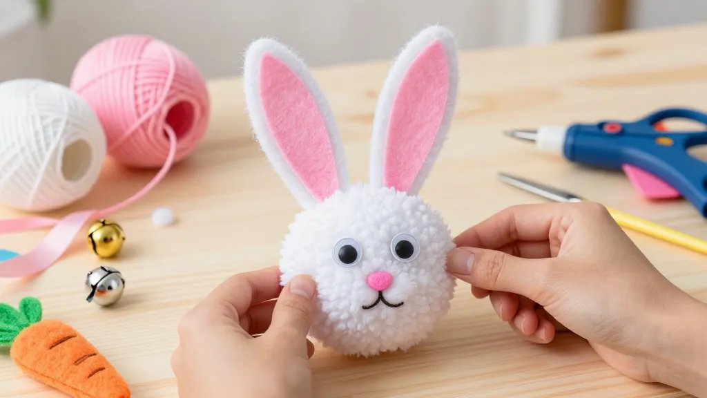 A bright, cozy crafting table scene showing a DIY Easter bunny pom-pom project mid-creation: white fluffy pom-pom with pink inner ears made from felt, googly eyes applied, a small pink nose, and a pair of hand-drawn ears from pink felt in progress; surrounding materials include colored yarn in white, pink, and a pop color, a pom-pom maker, scissors, glue gun, ribbon, tiny bells, and a partially completed carrot embellishment, all lit by soft natural light with a warm, inviting background.