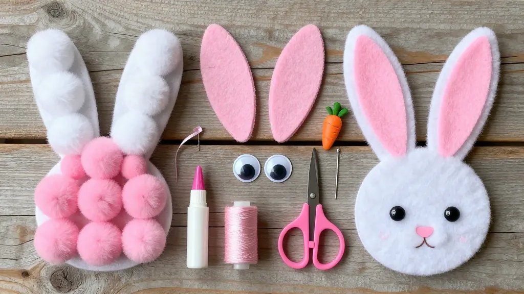 A close-up flat lay of the same bunny pom-pom craft supplies arranged neatly: white and pink pom-poms, pink felt for ears, glue stick and glue gun, googly eyes, scissors, a small sewing needle and thread, ribbon and mini carrot embellishments, and a finished bunny pom-pom showing attached ears and face, set on a rustic wooden surface with subtle shadows and no text overlays.