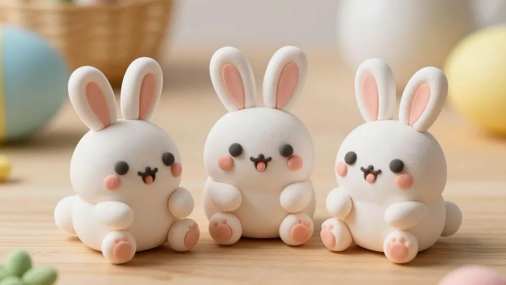 A close-up of three kawaii Easter bunny figurines crafted from air-dry clay, showing tactile textures: fluffy tails, tiny paws, and soft squishy faces with goofy expressions. Natural light on a wooden tabletop, with subtle pastel Easter colors in the background, no text.