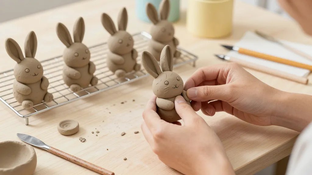 A handmade clay bunny workshop scene: hands shaping a small clay bunny, a variety of clay colors and texture tools scattered around, finished bunnies with smiling expressions and craggy fur details drying on a wire rack, soft studio lighting and pastel props in the background, no text.
