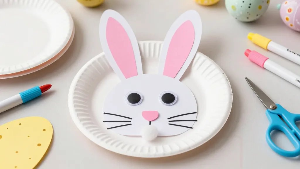 A close-up, kid-friendly craft scene showing a completed paper plate Easter bunny on a pastel table, with colorful construction paper ears (pink inner ears), googly eyes, a small cotton ball tail, and a glued-on nose, surrounded by practice plates, markers, glue sticks, and a pair of safety scissors; soft spring lighting and subtle Easter decor in the background, no text on the image.