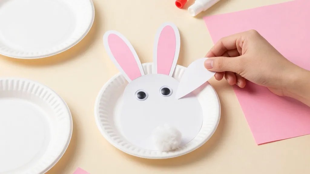 A playful, step-by-step setup: a craft workspace with a partially assembled paper plate bunny in the center (white plate, pink inner ears, googly eyes, and a cotton ball tail), a few extra plates, sheets of construction paper in white and pink, and glue sticks, with a hand placing the final ear, captured from a slightly elevated angle to emphasize hands-on activity; bright, cheerful colors and no text.