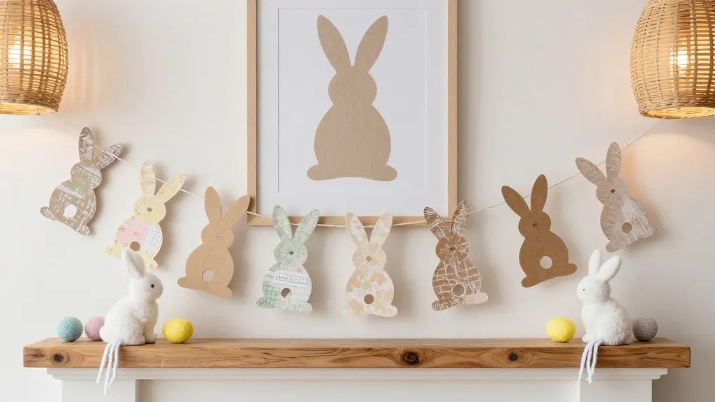 A bright, cozy Easter living room with a handmade bunny garland across the mantel: paper bunny silhouettes in various kraft, pastel scrapbook papers, some with punched holes, others with chalky textures; fluffy pom-pom bunnies with yarn tails scattered on a rustic wooden mantel and string threaded between them; a printable bunny template framed as wall decor in the background, all lit by warm rattan lamps and soft natural light.