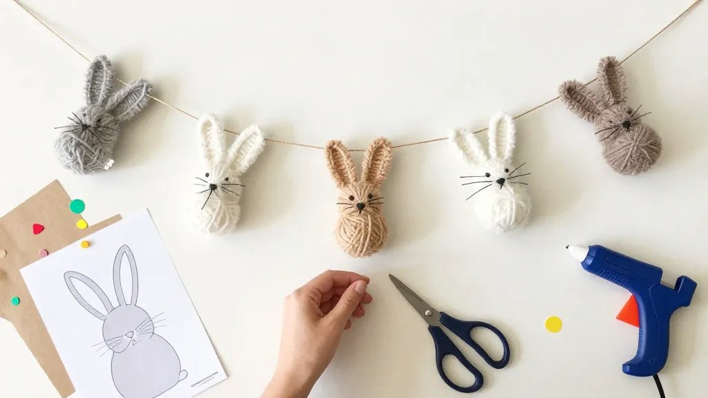 An overhead crafting table scene: a DIY bunny garland in progress with yarn pom-pom bunnies being assembled, scissors, glue gun, and kraft paper scraps; string stretched across a tabletop with completed pieces hanging above, a printed bunny template page pinned nearby, colorful bits of paper, and a cheerful, creative workspace vibe that emphasizes a weekend project finish.