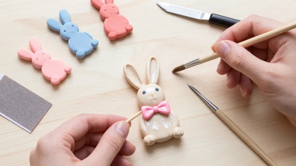 A close-up flat-lay scene of a hands-on clay bunny craft in progress: several pastel-colored polymer clays rolled and shaped into small bunny bodies, with a soft brush, a toothpick for texture, a craft knife, fine-grit sandpaper, and a tiny glossy bow tie arranged around a finished glossy bunny figure with a subtle glaze sheen, on a clean light wood workspace with natural lighting.